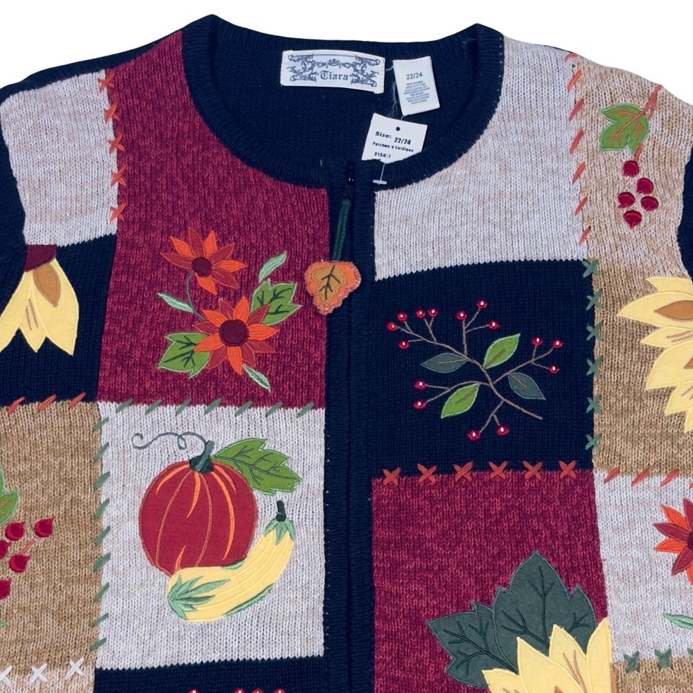 NWT Tiara Patchwork Cardigan Women 22/24 Black Fall Pumpkin Sunflower Zip Up